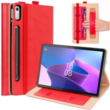 For Lenovo Tab P11 Pro Gen 2 Business Style PU Leather Tablet Case Card Holder Foldable Stand Cover with Hand Strap and Elastic Band - Red