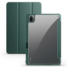 For Xiaomi Pad 5 / Pad 5 Pro Tri-fold Stand Tablet Case PU Leather Front Transparent Acrylic Back Full Body Protective Cover, Support Auto Wake / Sleep Function - Midnight Green