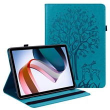 For Xiaomi Redmi Pad Imprinting Tree Deer Pattern Folding Stand Case PU Leather Card Slots Elastic Band Protective Sleeve Cover with Pen Holder - Blue