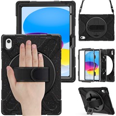 For iPad (2025) / 10.9 (2022) Case PC + Silicone Protective Cover with Hand Strap / Shoulder Strap - Dark Black