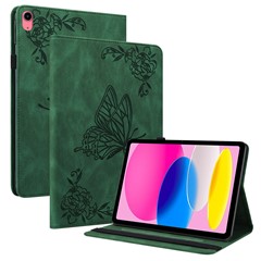 For iPad (2025) / 10.9 (2022) Butterfly Flower Imprinted PU Leather Card Holder Stand Smart Tablet Case with Pencil Holder - Green