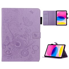 For iPad (2025) / 10.9 (2022) PU Leather Tablet Case Imprinted Butterfly Flower Pattern Stand Wallet Cover - Purple