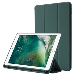 For iPad 10.2 (2021) / (2020) / (2019) Skin-touch Feeling PU Leather + TPU Tri-fold Stand Cover Anti-drop Tablet Case with Pen Slot - Blackish Green