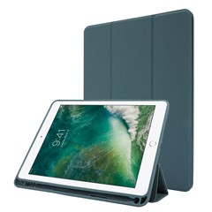 For iPad Air (2013) / Air 2 / 9.7-inch (2017) / 9.7-inch (2018) Skin-touch Feeling Shockproof Tablet Cover PU Leather + TPU Tri-fold Stand Tablet Case with Pen Slot - Blackish Green