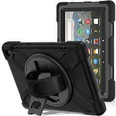 For Amazon Fire HD 8 (2022) / HD 8 (2024) Kickstand PC + Silicone Tablet Case 360 Degree Rotation Hand Strap Drop Resistant Rugged Protective Cover - Black