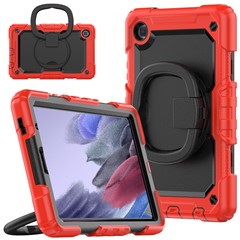 Shockproof Case for Samsung Galaxy Tab A7 Lite 8.7-inch T220 / T225, Drop-proof Tablet Case 360-Degree Rotating Kickstand PC + Silicone Cover with Shoulder Strap - Red