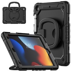 Shockproof Case for iPad 10.2 (2021) / (2020) / (2019) Drop-proof Tablet Case 360-Degree Rotating Kickstand PC + Silicone Cover with Shoulder Strap - Black