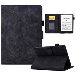 For Amazon Kindle Paperwhite 5 (2021) Tower Bike Butterfly Pattern Imprinted E-reader Case Microfiber Leather Card Holder Stand Case - Black