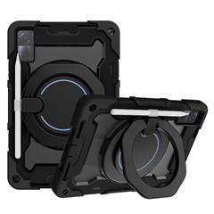 For Xiaomi Redmi Pad 10.6-inch Shock-absorbing Silicone+PC Protective Case Rotating Handle-Kickstand Tablet Cover with Pencil Holder and Shoulder Strap - Black