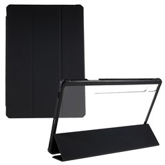 For Samsung Galaxy Tab S10+ / S9+  / S8+ / S7+ / S7 FE Skin-Touch Tri-Fold Stand Tablet  Case PU Leather TPU Acrylic Clear Tablet Cover - Black