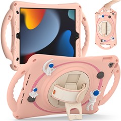 For iPad Pro 10.5-inch (2017) / iPad Air 10.5 inch (2019) / iPad 10.2 (2021) / (2020) / (2019) Kickstand Tablet Case PC+Silicone Astronaut Cute Hand Strap Cover - Pink