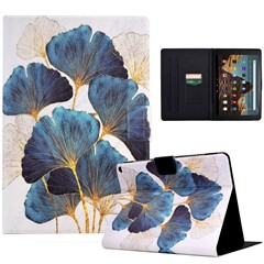 For Amazon Fire HD 10 (2021) / HD 10 Plus (2021) Leather Cover Pattern Printed Anti-Scratch Tablet Case with Card Slots - Leaf