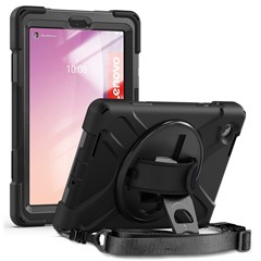 For Lenovo Tab M8 (4th Gen) 2024 TB-301XU / M8 (4th Gen) 2023 TB-300FU Case Kickstand Tablet Case PC+Silicone Cover with Strap - Black