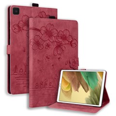 Stand Tablet Case for Samsung Galaxy Tab A7 Lite 8.7-inch PU Leather Imprinted Flower Cat Cover with Card Slots - Wine Red