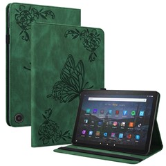 For Amazon Fire Max 11 PU Leather Tablet Case Imprinted Butterfly Flower Stand Flip Cover with Card Holder - Green