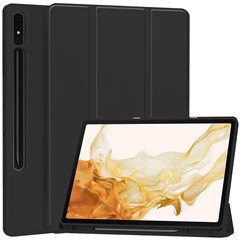 For Samsung Galaxy Tab S9+ PU Leather Case Tri-fold Stand Smart Tablet Cover with Pen Slot - Black