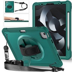 For iPad Air 11 (2025) / (2024) / Air (2020) / (2022) / Pro 11 (2018) / (2020) / (2021) / (2022) PC+TPU Cover Kickstand with Strap - Midnight Green