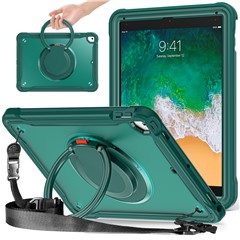 Rotating Kickstand Cover for iPad Air (2013) / Air 2 / iPad Pro 9.7 inch (2016) / iPad 9.7-inch (2017) / (2018) , PC+TPU Handle Grip Tablet Case with Shoulder Strap - Midnight Green
