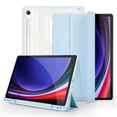 For Samsung Galaxy Tab S9 Protective Tablet Case Tri-Fold Stand PC+TPU+PU Clear Back Flip Cover - Baby Blue