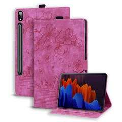 For Samsung Galaxy Tab S9 Ultra Leather Stand Cover Flower Cat Imprinted Tablet Case with Card Slots - Rose