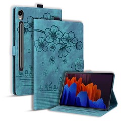 For Samsung Galaxy Tab S9 Card Holder Leather Anti-drop Cover Flower Cat Imprint Tablet Stand Case - Green