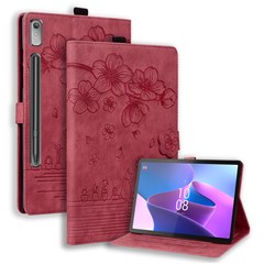 For Lenovo Tab P12 Card Slots PU Leather Tablet Stand Case Flower Cat Imprint Tablet Cover - Wine Red