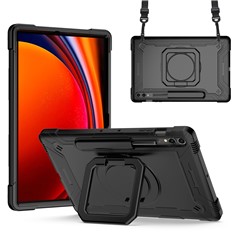 For Samsung Galaxy Tab S9+ / Tab S9 FE+ Case Rotating Kickstand Tablet Cover with Shoulder Strap - Black