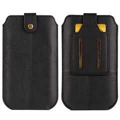 Genuine Cow Leather Cell Phone Case for 6.7-inch Phone ID Card Belt Holder Pouch Cover - Black