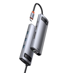 BASEUS Metal Gleam Series 8-in-1 Type-C Hub Portable Docking Station Multi-functional Mini Card Reader Support 480Mbp/s (Max.) - Dark Grey