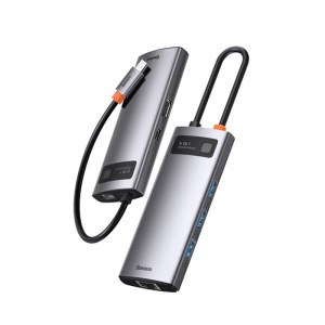 BASEUS Metal Gleam Series 6-in-1 Type-C Hub Multi-functional Docking Station Compatible with Laptops Mobile Phones Support USB 3.0 5Gbps Transmission - Dark Grey