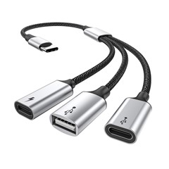 Type-C Male to Dual Type-C + USB 2.0 Female Adapter Hub OTG Splitter Cable Converter 60W Fast Charging for MacBook PC Laptop