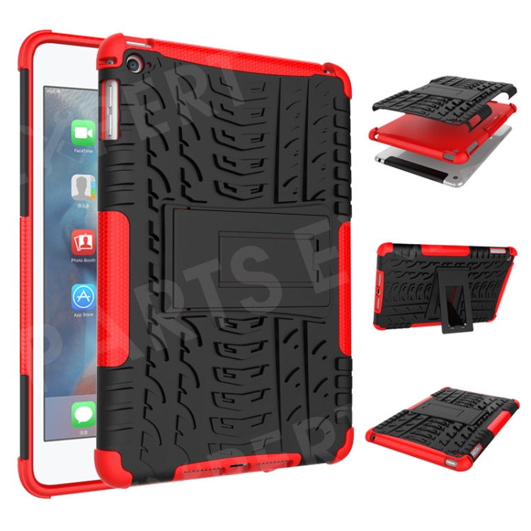 

For iPad mini (2019) / mini 4 Anti-slip Tyre Tread Kickstand Plastic + TPU Protector Cover - Red, iPad mini (2019) 7.9 inch