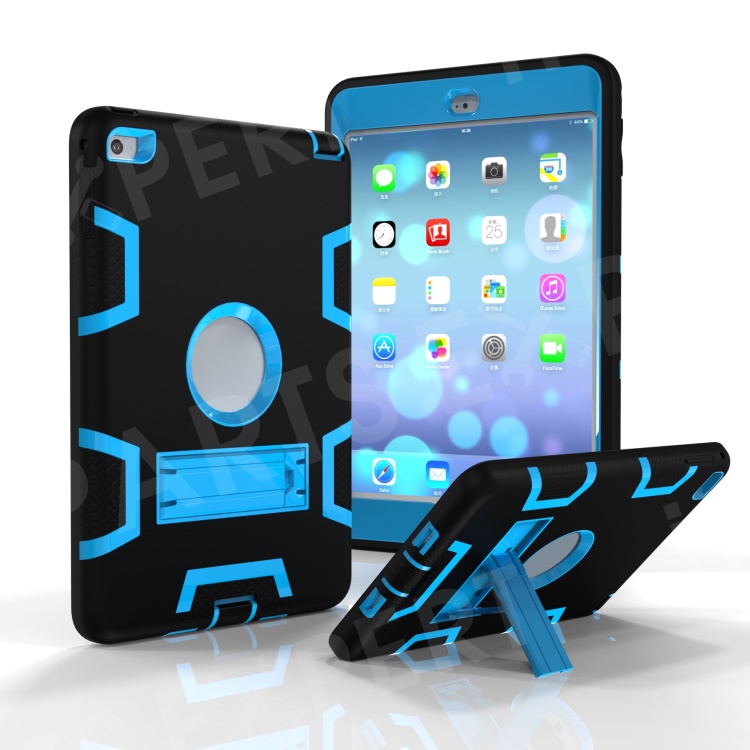 

Kickstand PC Silicone Hybrid Armor Defender Case Shell for iPad mini 4 - Black / Baby Blue, iPad mini 4