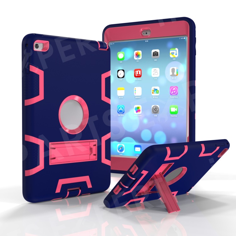 

For iPad mini 4 Kickstand PC Silicone Hybrid Armor Defender Case Shell - Dark Blue / Rose, iPad mini 4