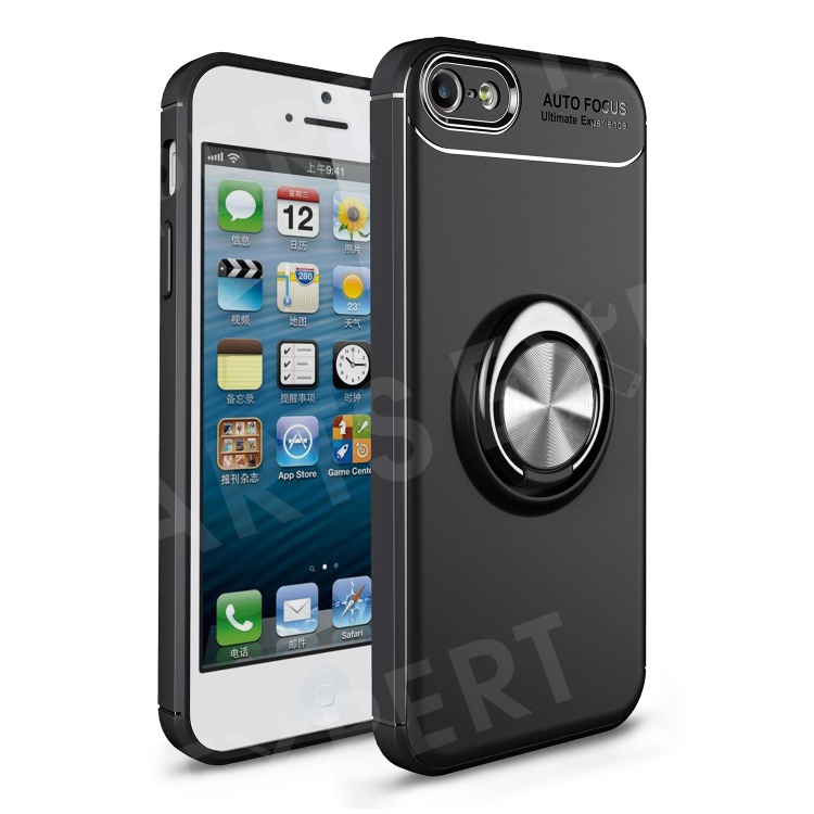 

Anti-drop Ring Kickstand TPU Phone Case for iPhone SE/5s/5 Built-in Metal Magnetic Iron Plate - Black / Grey, iPhone SE