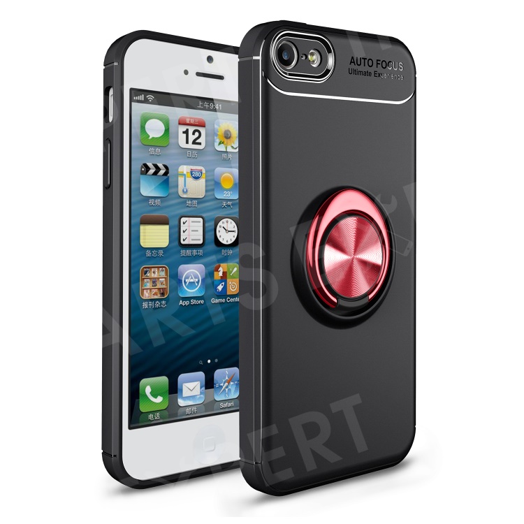 

Anti-drop Ring Kickstand TPU Phone Cover for iPhone SE/5s/5 Built-in Metal Magnetic Iron Plate - Black / Red, iPhone SE