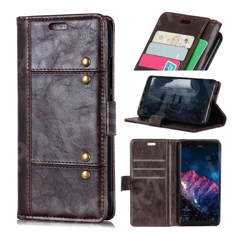

Rivet Decor Stand Wallet Leather Magnetic Mobile Case with Card Holders for iPhone Xs 5.8 inch - Brown, iPhone XS 5.8 inch