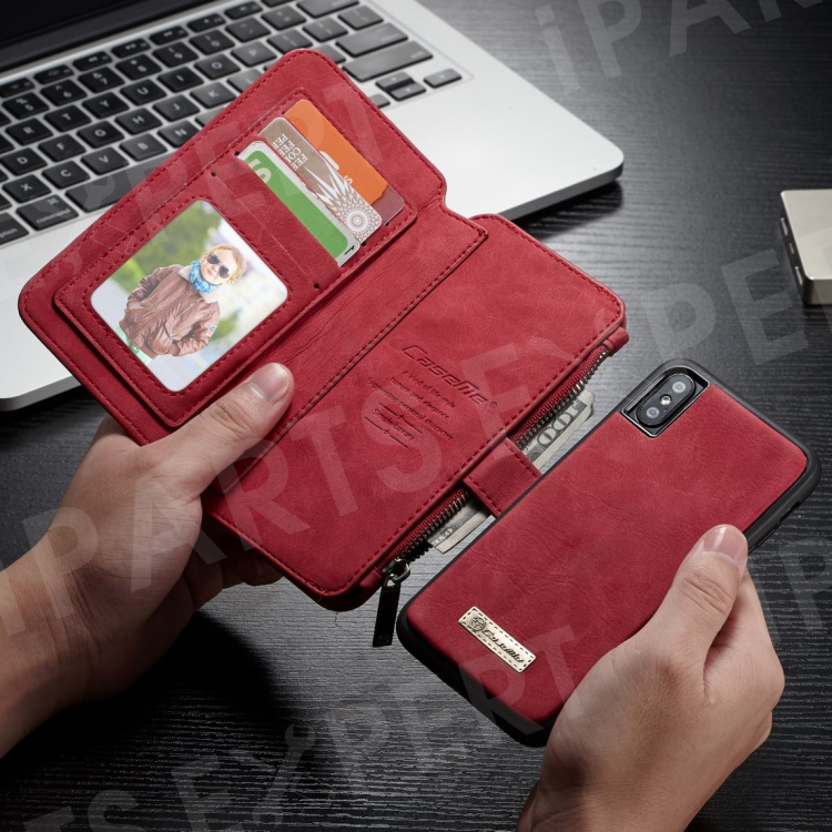 

CASEME 007 Series Detachable 2-in-1 Zipper Wallet Split Leather Cell Phone Cover for iPhone Xs 5.8 inch - Red, iPhone XS 5.8 inch