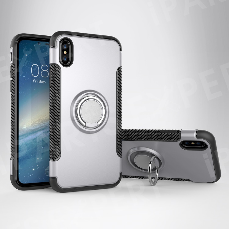 

Carbon Fiber Texture TPU + PC Hybrid Cover with Kickstand for iPhone Xs 5.8 inch (Built-in Magnetic Metal Sheet) - Silver, iPhone XS 5.8 inch