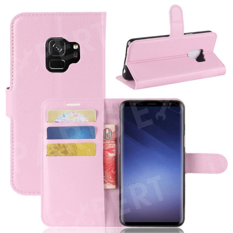 

Litchi Skin PU Leather Wallet Stand Mobile Phone Shell for Samsung Galaxy S9 G960 - Pink, Galaxy S9