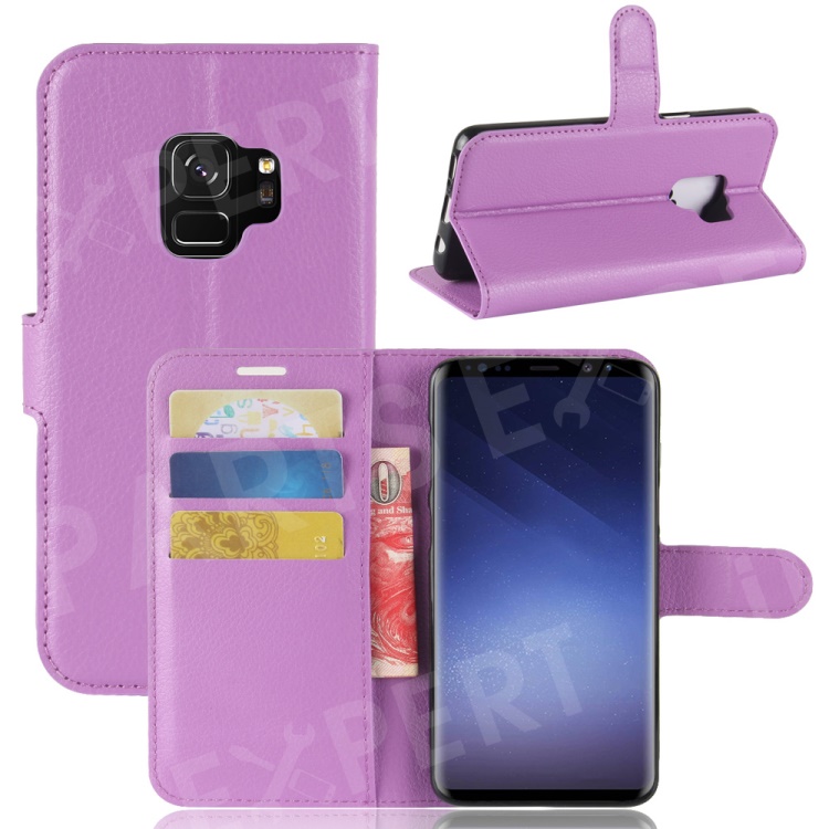 

Litchi Skin PU Leather Wallet Stand Cell Phone Cover for Samsung Galaxy S9 G960 - Purple, Galaxy S9