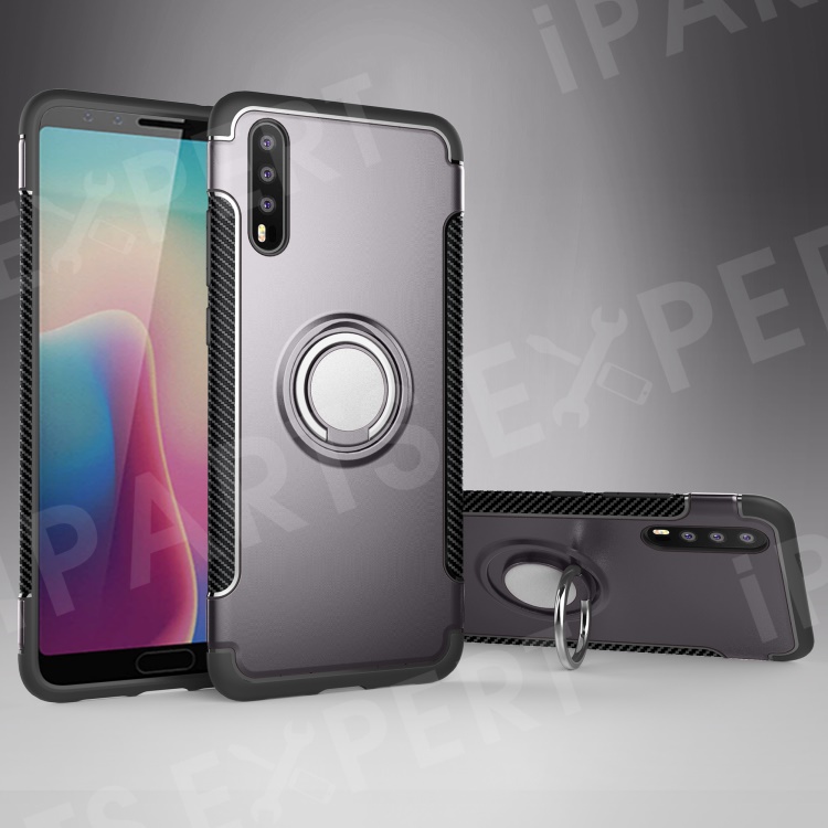 

Carbon Fiber Texture TPU + PC Hybrid Mobile Shell with Kickstand for Huawei P20 (Built-in Magnetic Metal Sheet) - Grey, Huawei P20