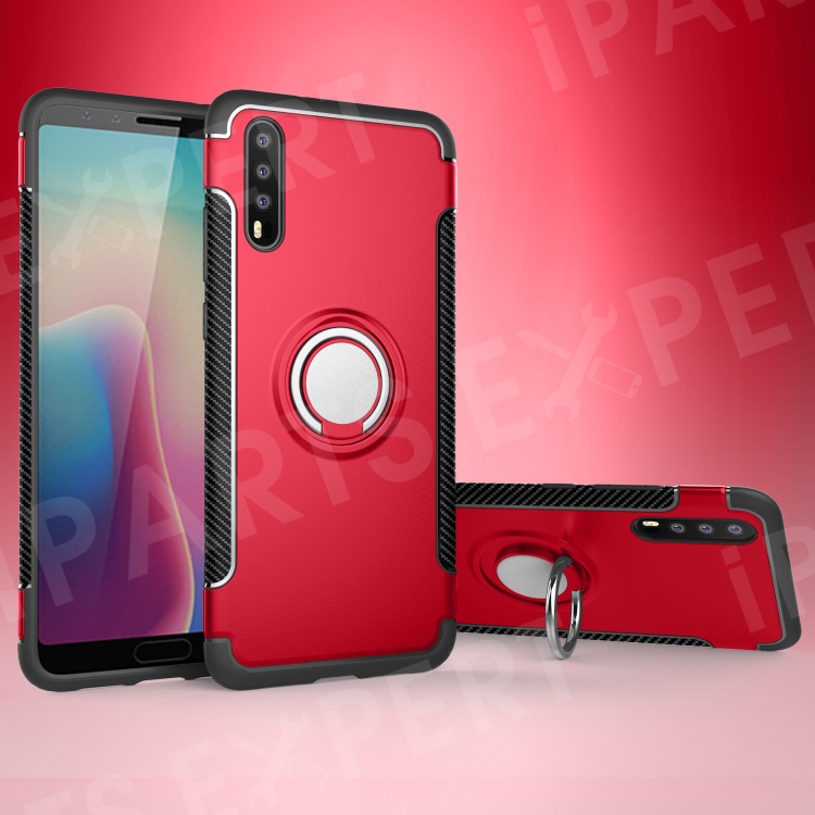 

Kickstand Carbon Fiber Texture TPU + PC Hybrid Cell Phone Case for Huawei P20 (Built-in Magnetic Metal Sheet) - Red, Huawei P20
