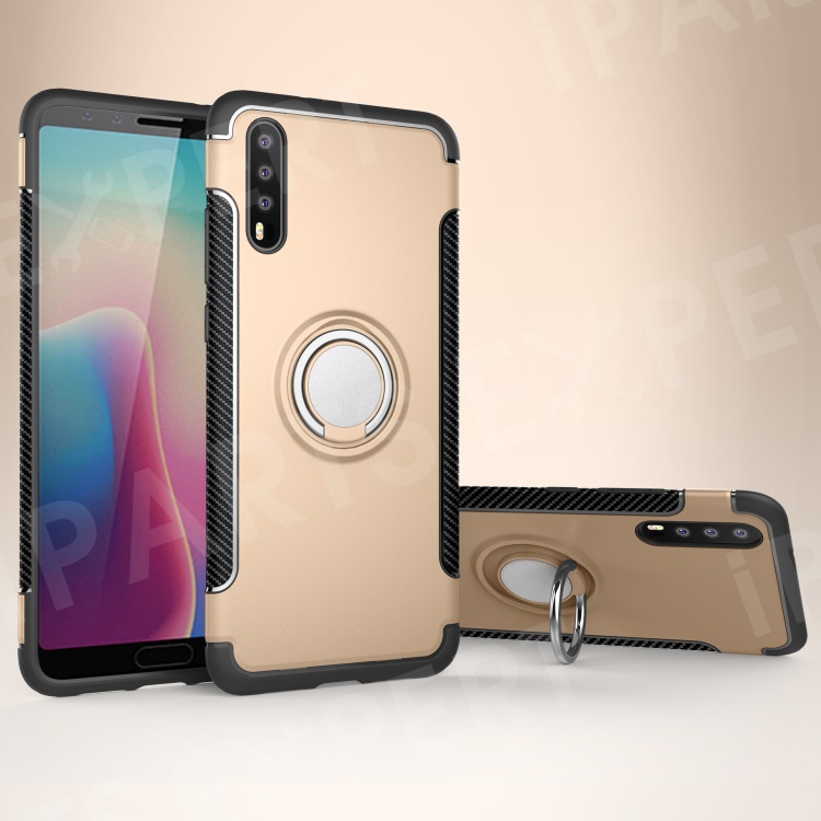 

Finger Ring Kickstand Carbon Fiber Texture TPU + PC Combo Phone Casing for Huawei P20 - Gold, Huawei P20