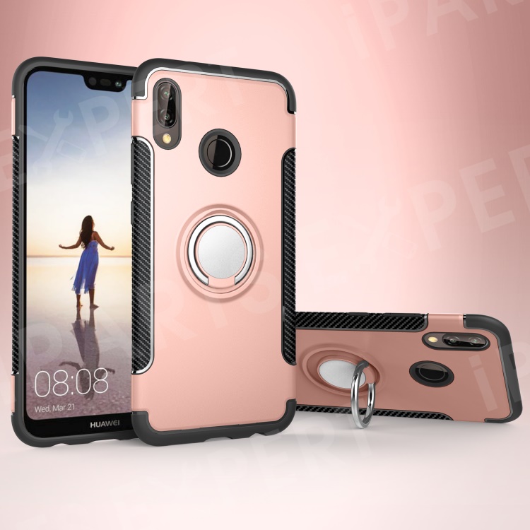 

Carbon Fiber Texture TPU + PC Hybrid Back Cover with Finger Ring Kickstand for Huawei P20 Lite / Nova 3e - Rose Gold, Huawei P20 Lite (2018)