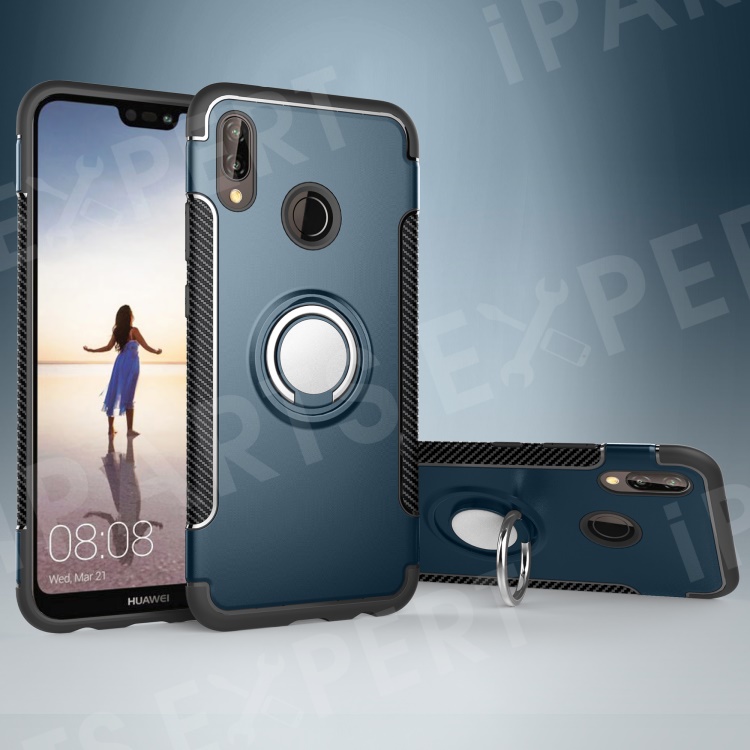 

Finger Ring Kickstand Carbon Fiber Texture TPU + PC Hybrid Phone Casing for Huawei P20 Lite / Nova 3e - Baby Blue, Huawei P20 Lite (2018)