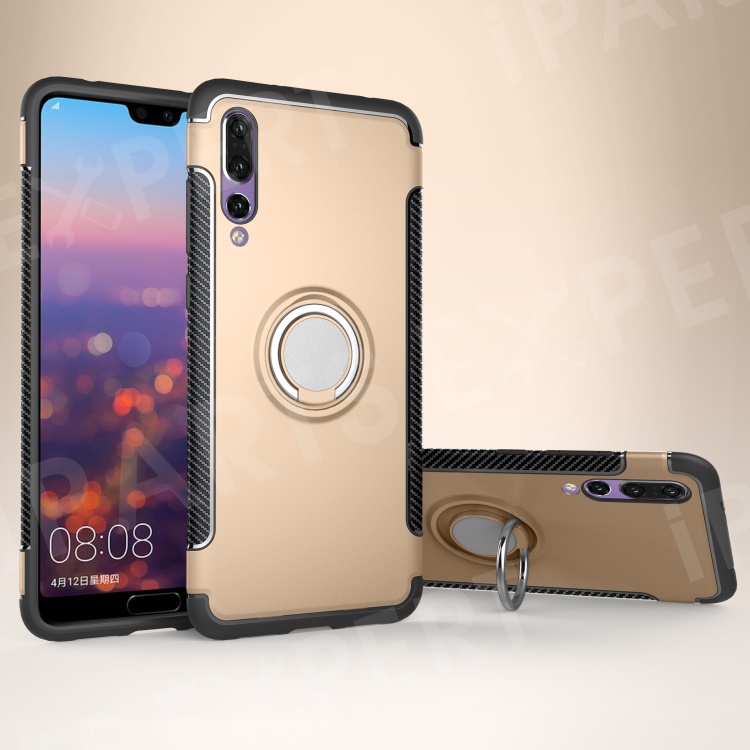 

Magnetic Finger Ring Kickstand Carbon Fiber Texture TPU + PC Hybrid Phone Shell for Huawei P20 Pro - Gold, Huawei P20 Pro