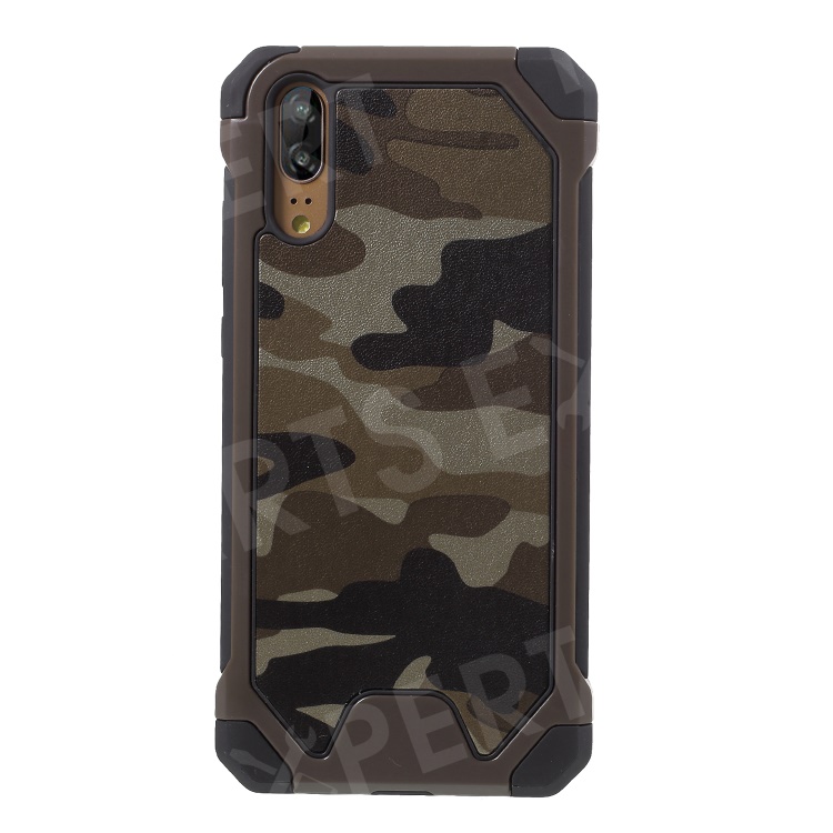 

Camouflage Pattern PU Leather Coated TPU PC Hybrid Phone Case Accessory for Huawei P20 - Brown, Huawei P20