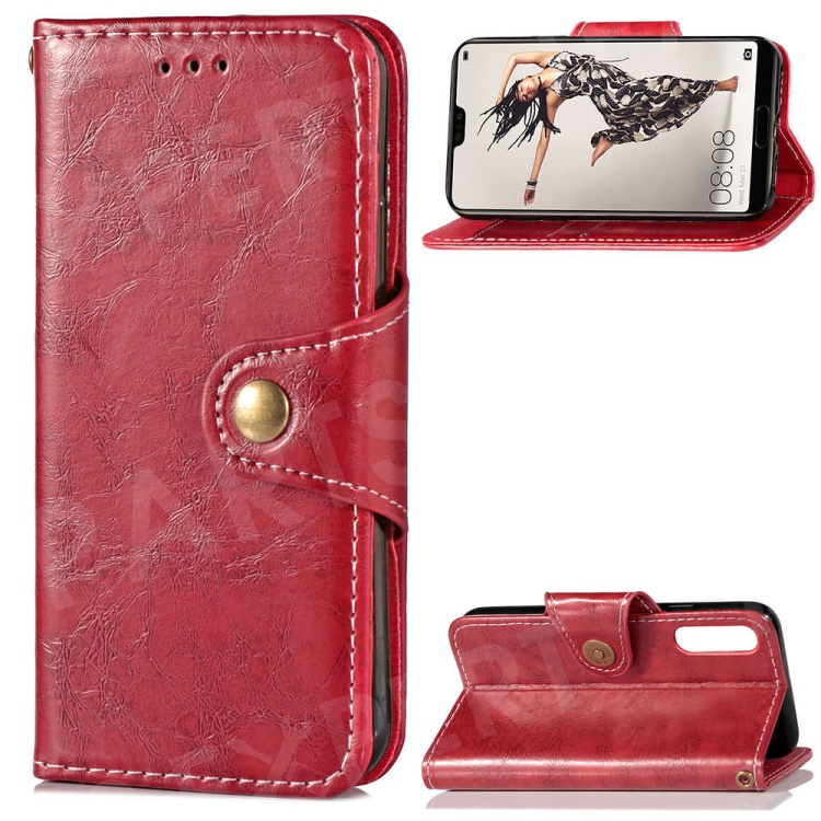 

Business Style Vintage Leather Wallet Stand Cover for Huawei P20 with Strap - Red, Huawei P20
