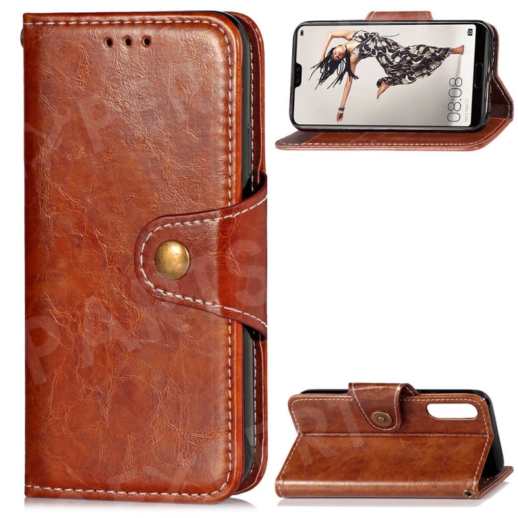 

Business Style Vintage Leather Wallet Stand Mobile Shell for Huawei P20 with Strap - Brown, Huawei P20